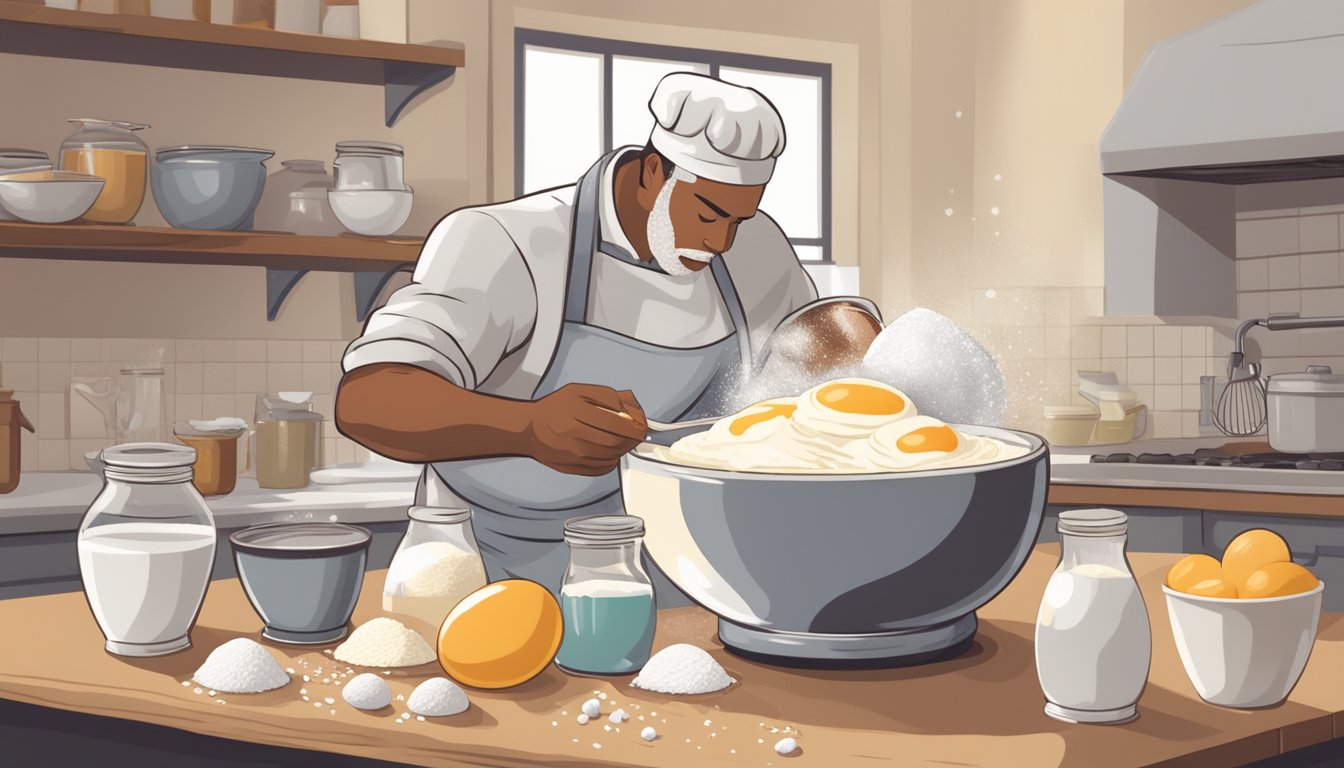 A baker pouring a bowl of egg whites into a mixing bowl with flour and other ingredients, while a carton of whole eggs sits nearby