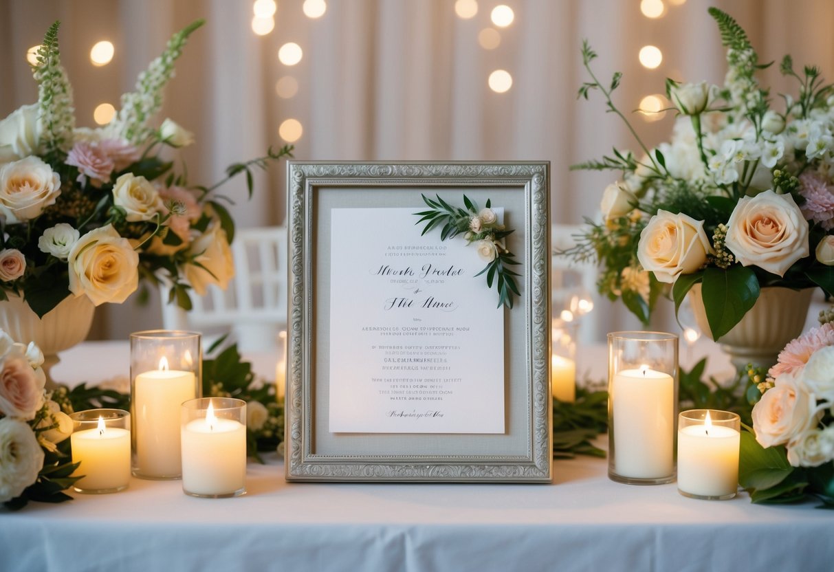 A wedding invitation is delicately placed in a decorative frame on a table, surrounded by elegant floral arrangements and soft candlelight