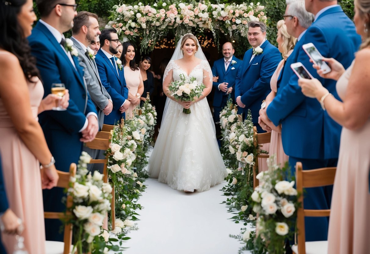 A bride walks down a flower-lined aisle, surrounded by loved ones, as music fills the air, setting the tone for a romantic and personal moment