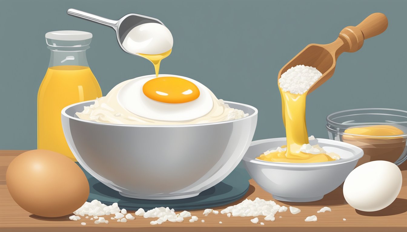 A bowl of egg whites being poured into a measuring cup, next to a bowl of whole eggs, with various healthy ingredients surrounding them