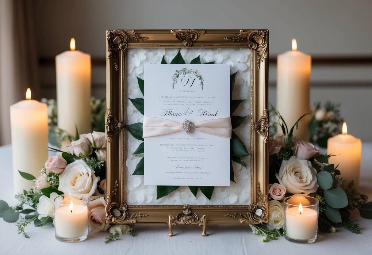 A wedding invitation is delicately placed in an ornate frame, surrounded by elegant floral arrangements and soft candlelight