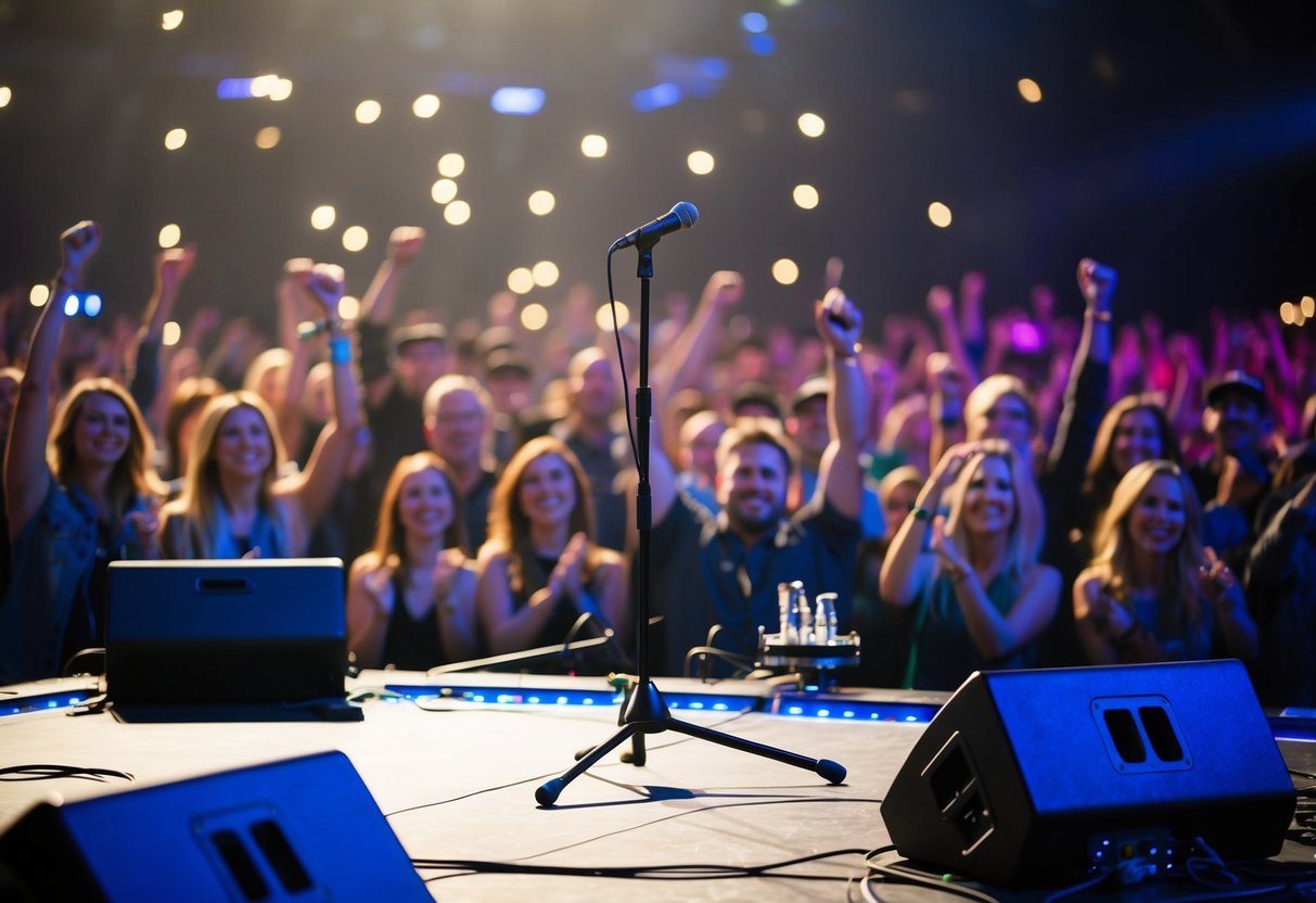 A stage with instruments and a microphone, surrounded by a crowd of cheering fans