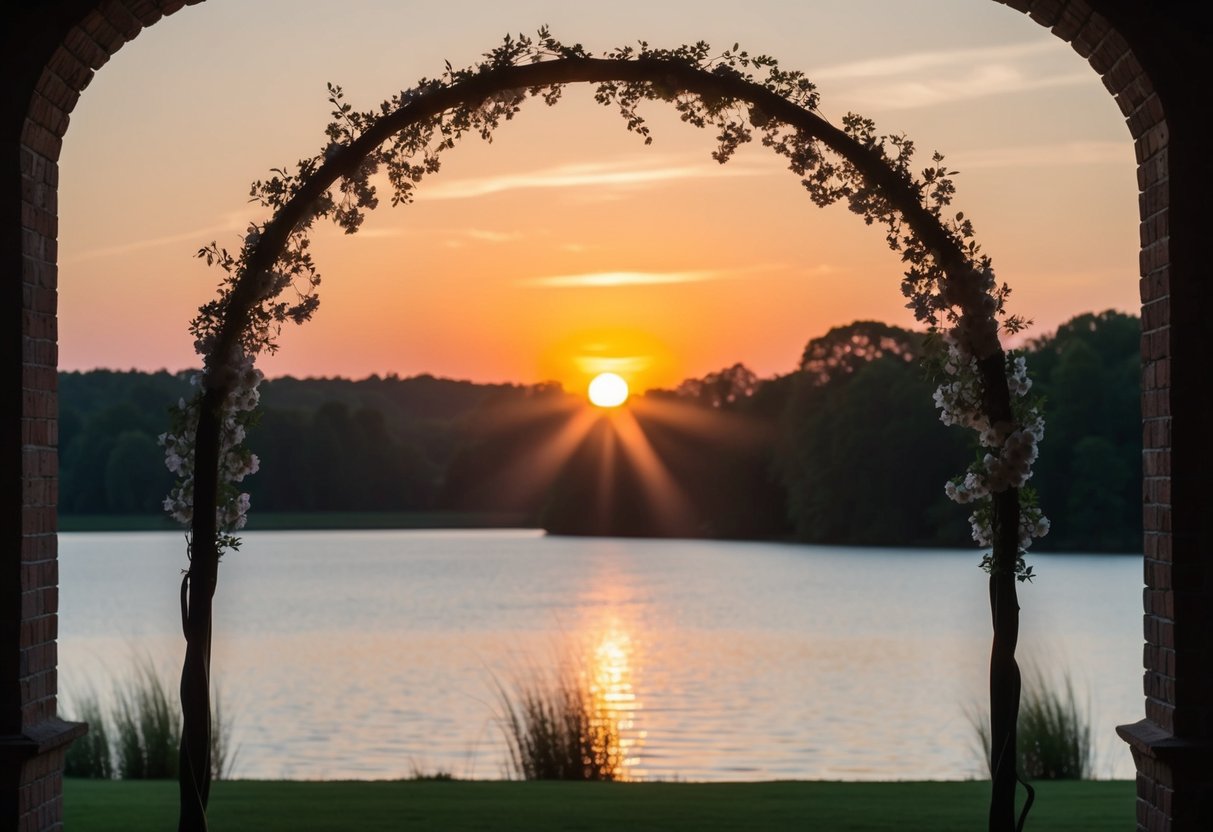 A sun setting behind a serene lake, with a delicate floral archway framing the view