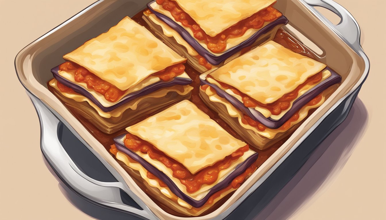 Eggplant slices layered in a baking dish with tomato sauce and cheese, resembling a traditional lasagna