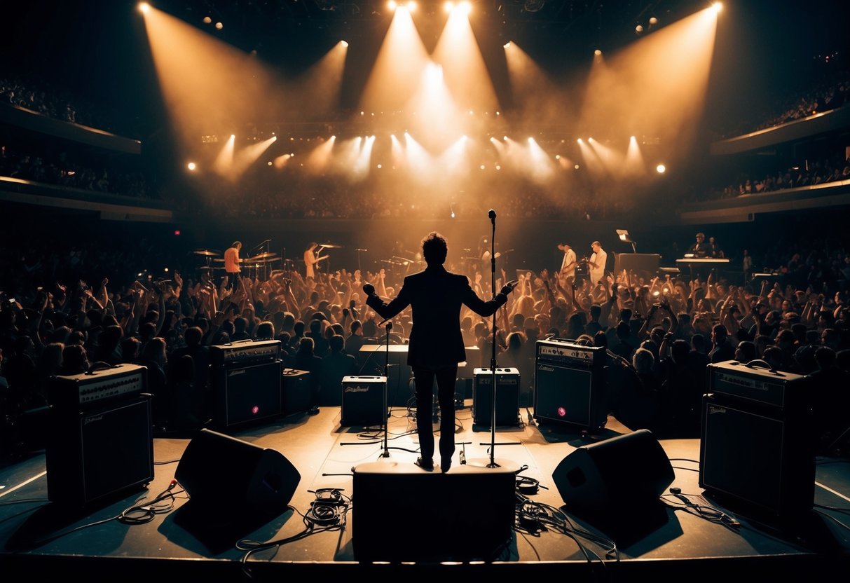 A crowded concert hall with a spotlight on a microphone stand, surrounded by instruments and amplifiers, as the band performs "Light My Fire."