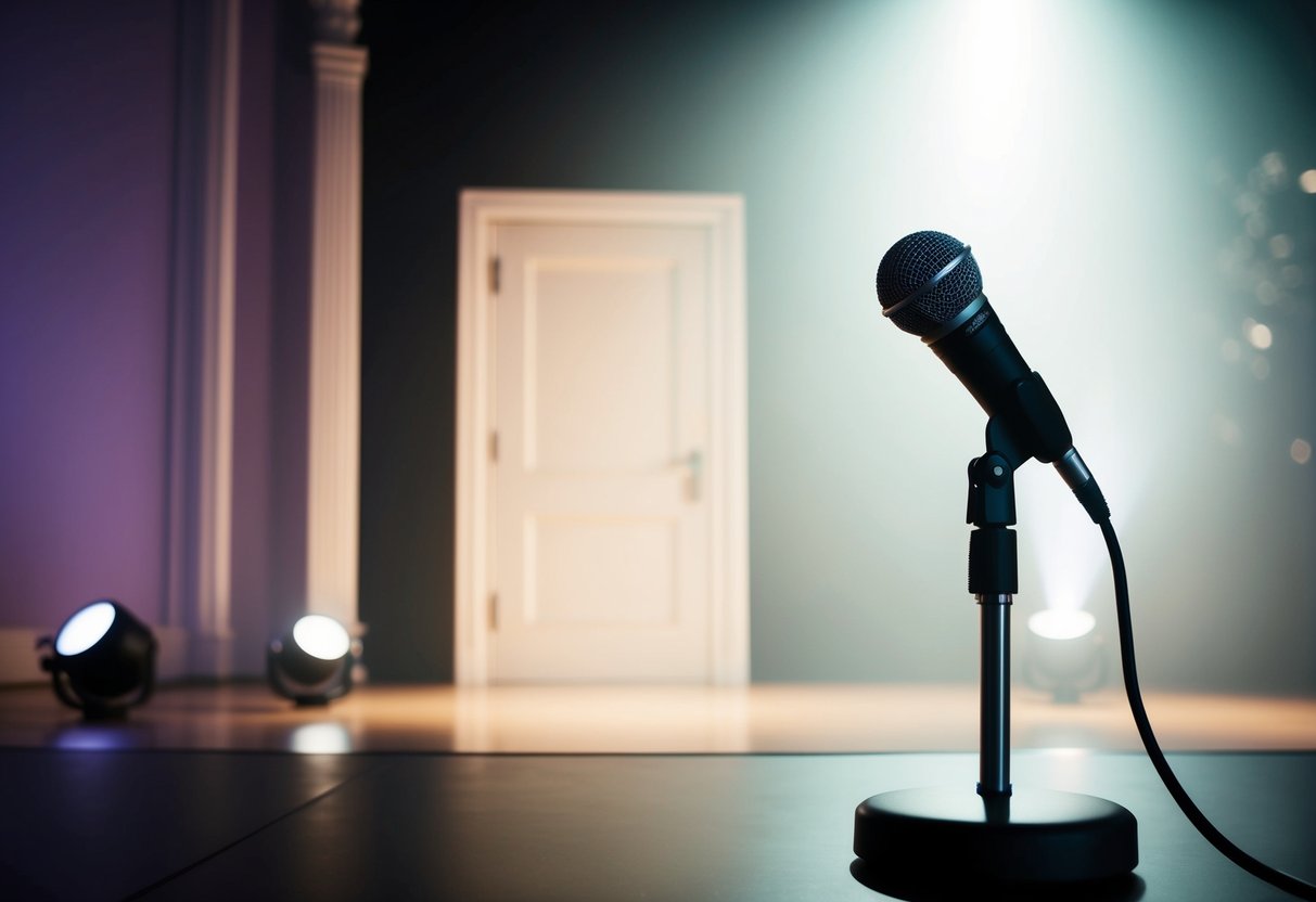 A stage with a microphone stand and a spotlight, with the silhouette of a door in the background