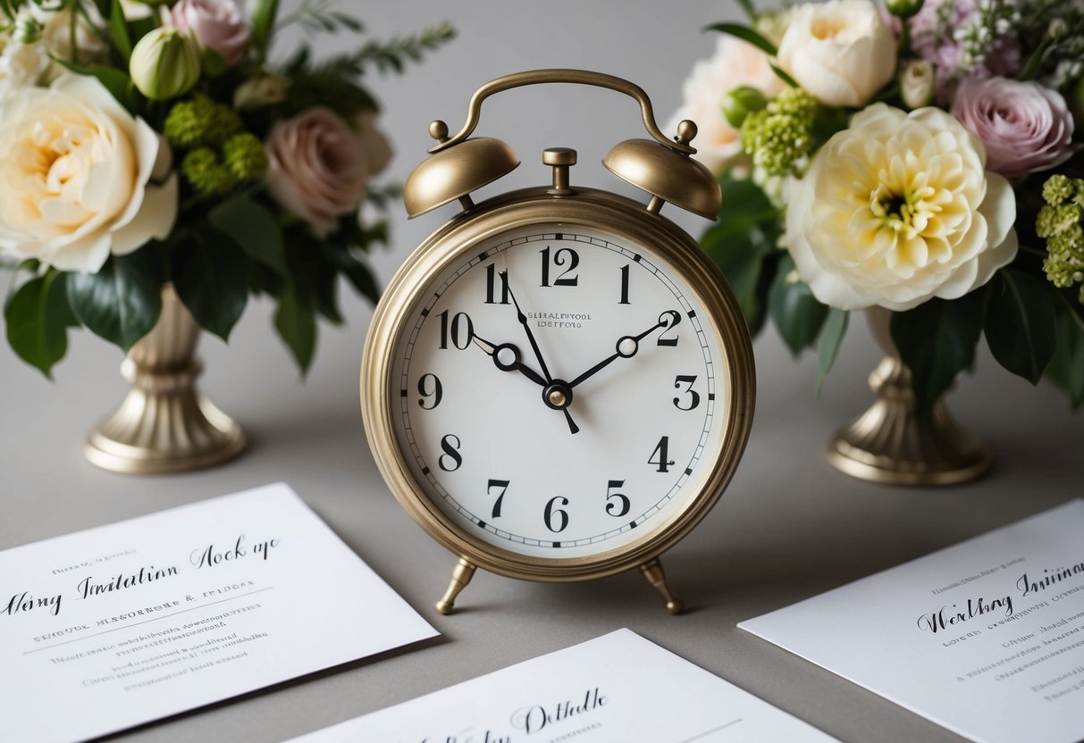 A vintage clock set to 5 o'clock, surrounded by elegant floral arrangements and wedding invitation mock-ups