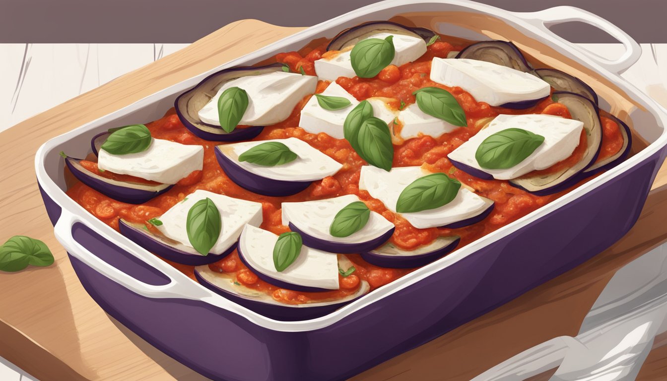 Eggplant slices layered with marinara, ricotta, and mozzarella in a baking dish