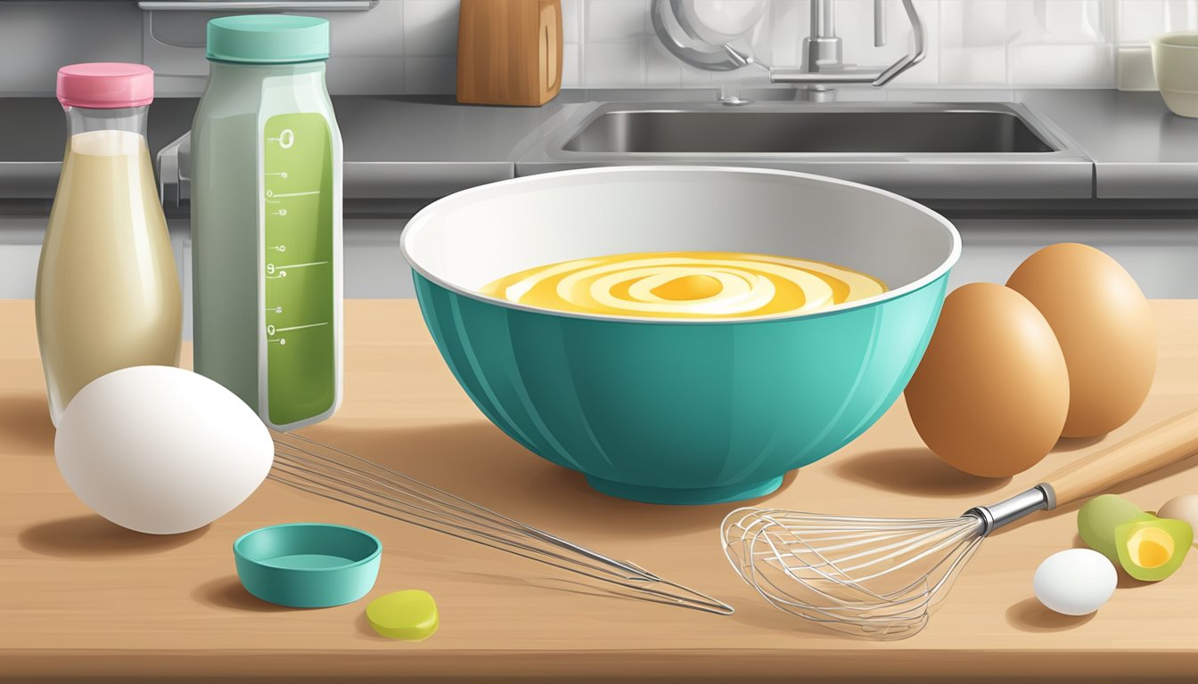 A mixing bowl with a whisk, measuring cups, and a carton of egg substitute on a kitchen counter