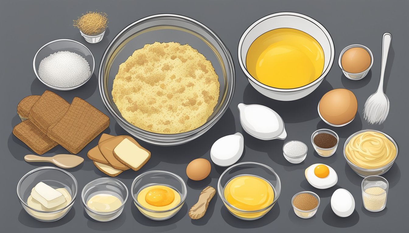 A mixing bowl with ingredients for custard, including egg yolk and alternative substitutes, surrounded by various baked goods