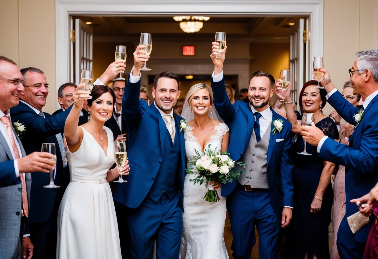 A group of guests raise their glasses in celebration as the newlyweds enter the reception hall, smiling and waving to their friends and family