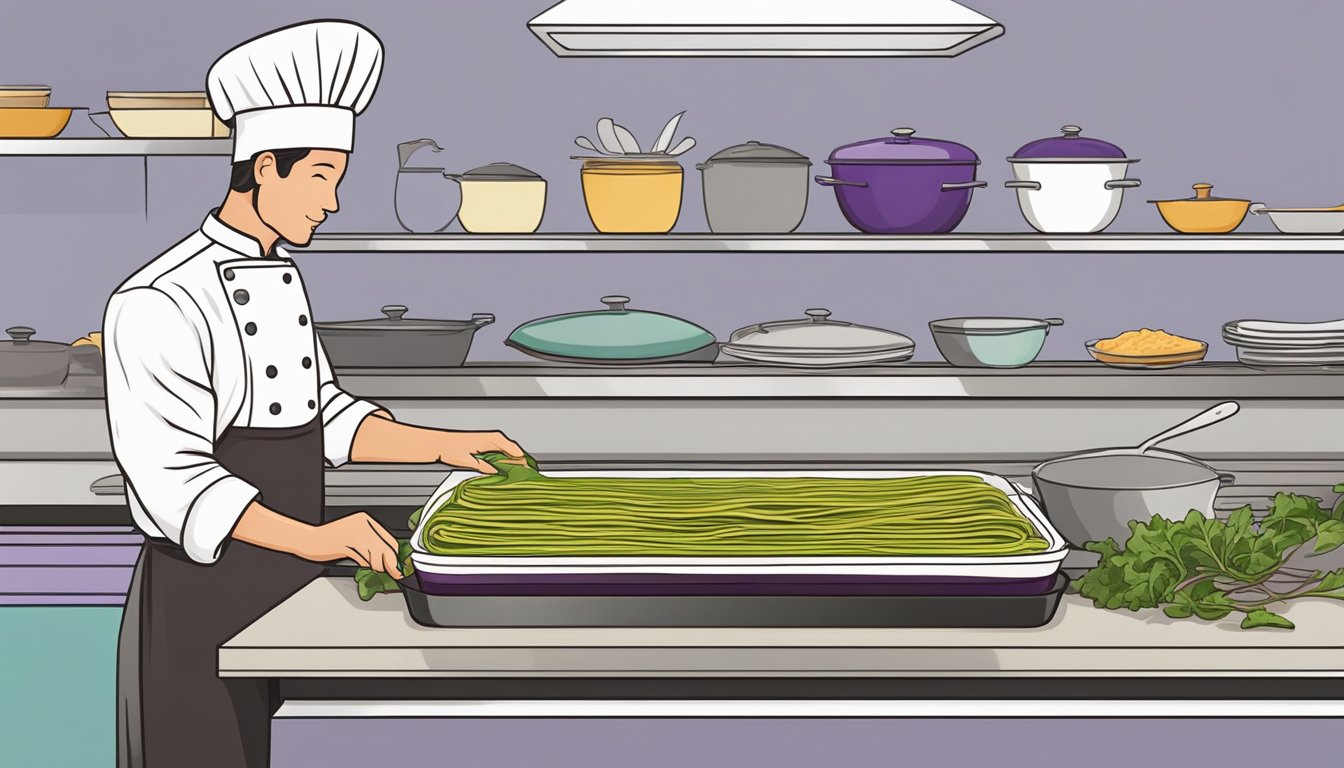 A chef slicing thin, uniform eggplant strips to layer in a baking dish for a lasagna recipe