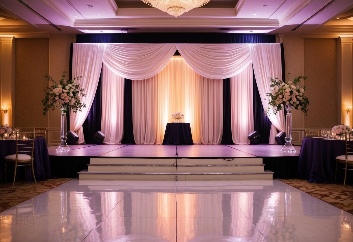 A grand ballroom with a spotlighted stage, adorned with elegant drapery and floral arrangements, awaits the newlyweds' entrance at the reception