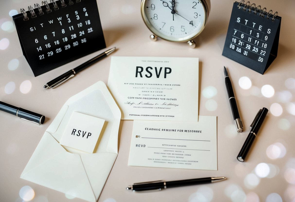 A wedding invitation with a blank RSVP card and envelope, surrounded by a calendar and clock, indicating the deadline for responses