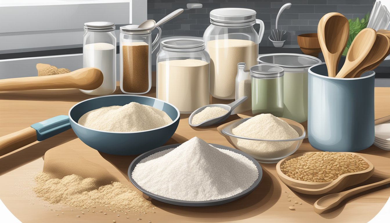 A kitchen counter with various bags of flour (einkorn, spelt) and measuring cups and spoons. A recipe book open to a page on flour substitution