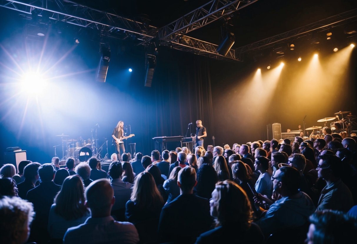 A spotlight shines on a stage with a microphone and musical instruments. A diverse audience eagerly awaits the start of a concert