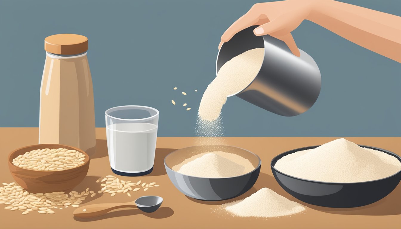 A hand pouring einkorn flour into a measuring cup, next to a bowl of spelt flour. Ingredients and measuring spoons are scattered on a kitchen counter