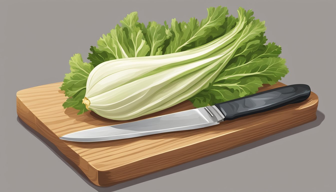 A bowl of fresh endive leaves arranged on a wooden cutting board, with a knife beside it