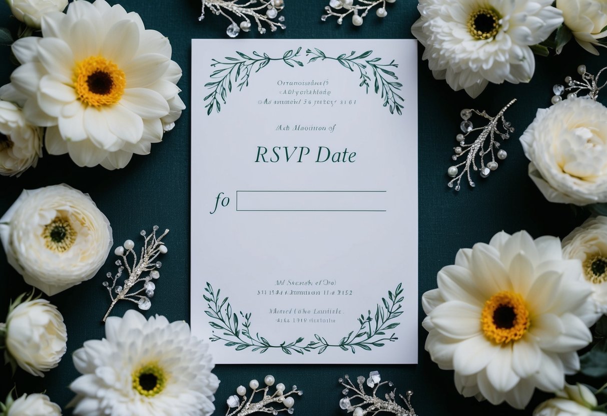 A wedding invitation with a blank space for the RSVP date, surrounded by elegant floral decorations