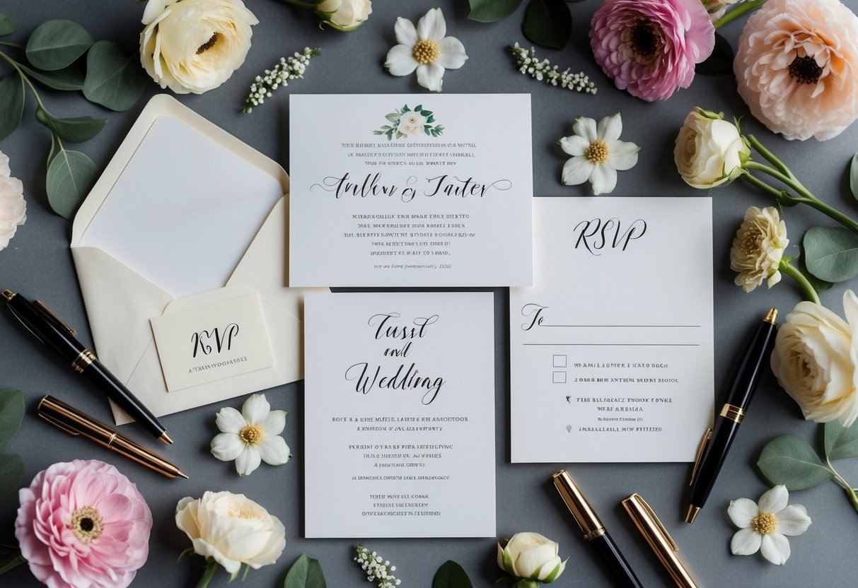 A wedding invitation with an RSVP card and envelope, surrounded by elegant calligraphy pens and floral decorations