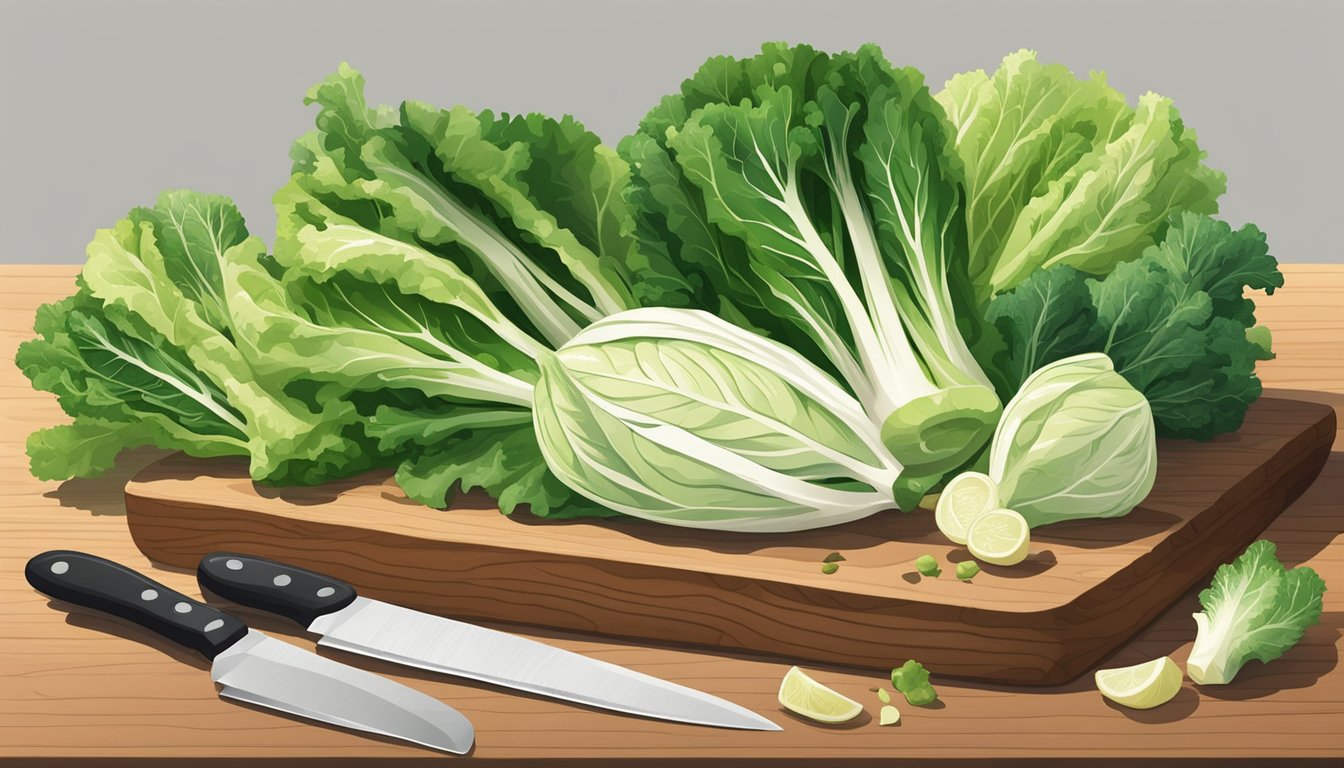 A colorful array of leafy greens, including endive and escarole, arranged on a wooden cutting board with a knife nearby