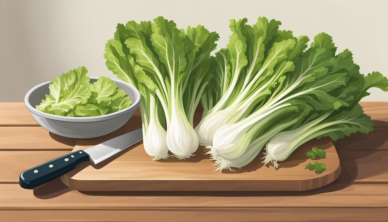 A bowl of endive leaves arranged on a cutting board next to a bunch of escarole, with a chef's knife nearby