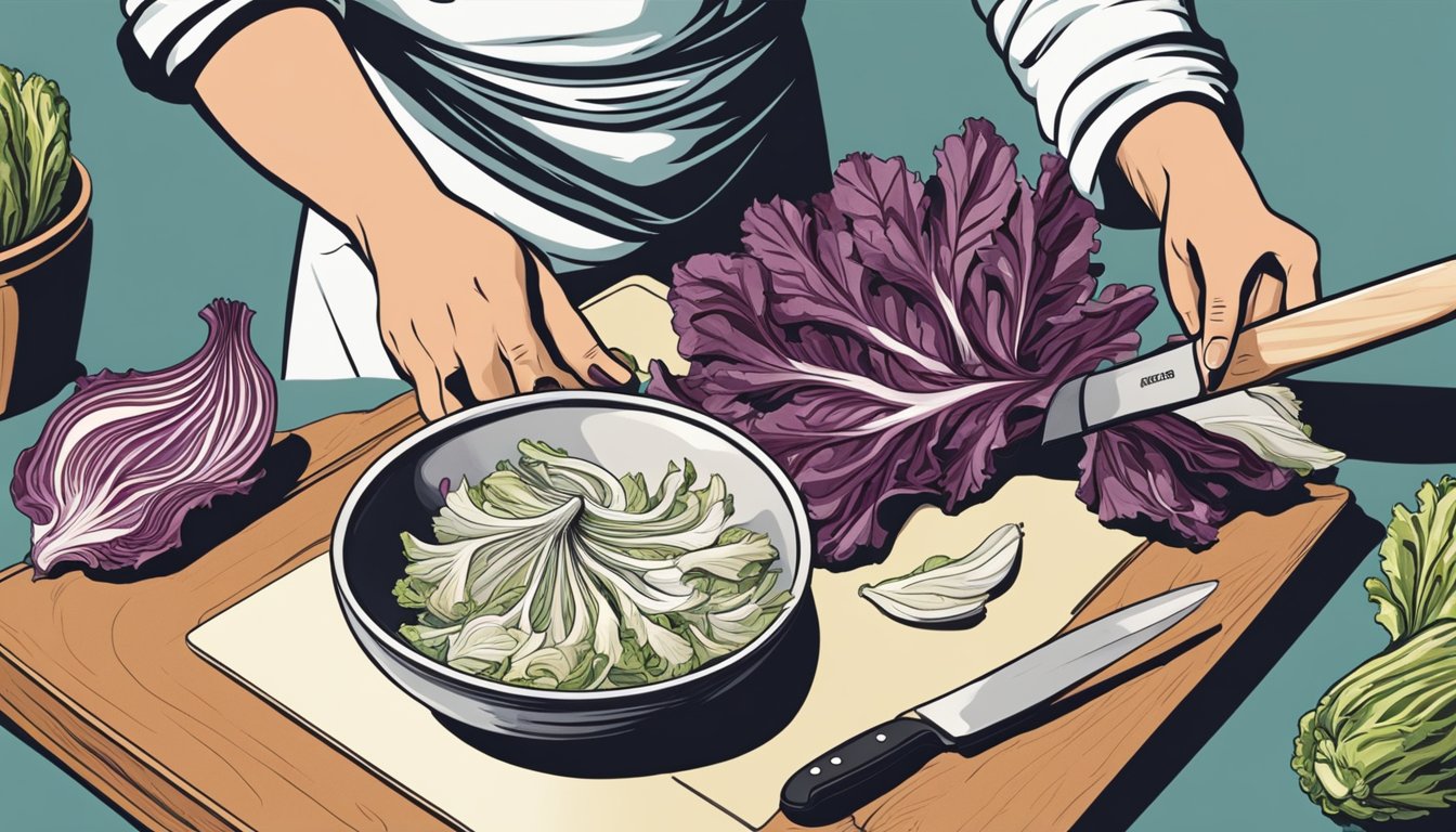 A hand reaching for endive next to a bowl of radicchio, with a chef's knife and cutting board nearby