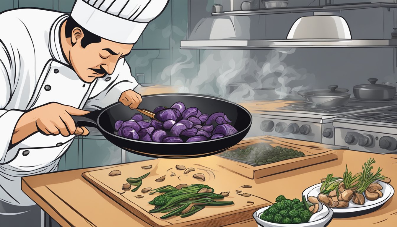 A chef swapping out mushrooms for eggplant in a sizzling pan of stir-fry, carefully adding seasonings and tossing the ingredients together