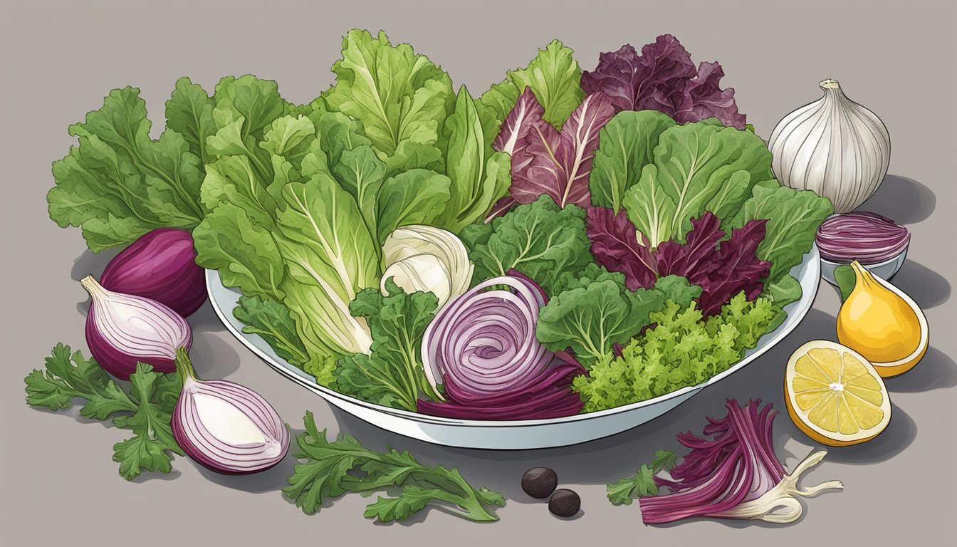 A bowl of mixed greens with endive replacing radicchio, surrounded by various salad ingredients