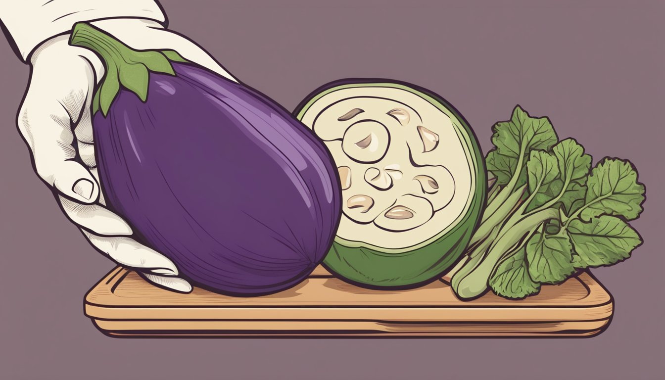 A person holding an eggplant and mushrooms, comparing their size, shape, and texture for substitution in a recipe