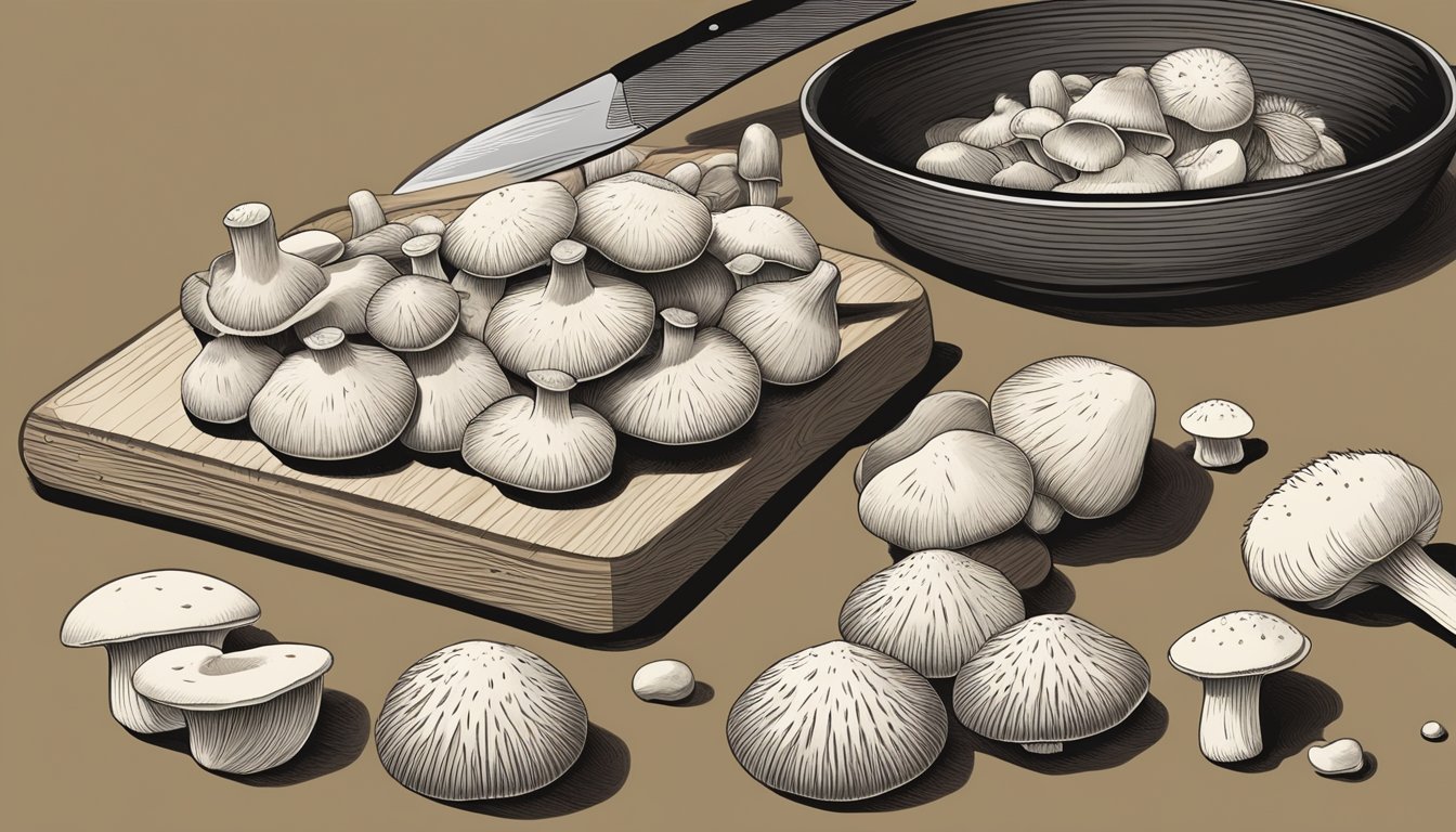 Enoki mushrooms arranged in a neat pile, with a few scattered shiitake mushrooms nearby. A chef's knife and cutting board are positioned next to the mushrooms