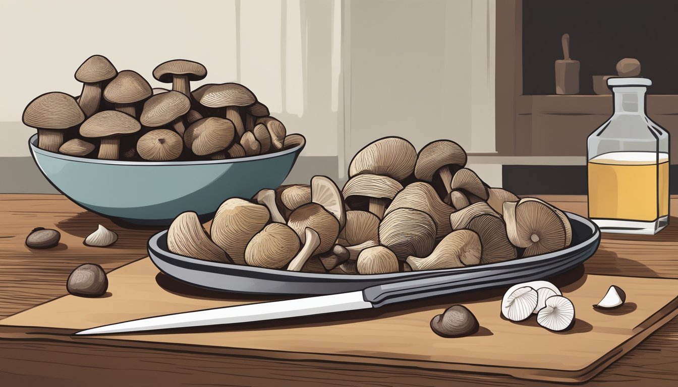 A pile of shiitake mushrooms alongside a bowl of enoki mushrooms, with a chef's knife and cutting board in the background