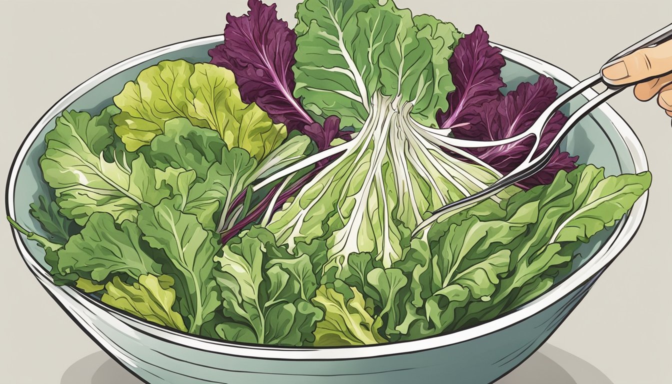 A bowl of mixed greens with vibrant endive replacing radicchio. A chef's hand drizzles dressing over the salad