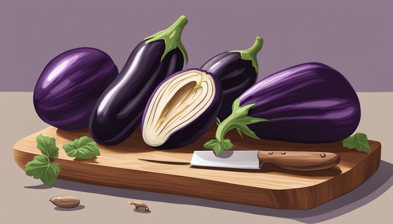 Eggplant and mushrooms sitting side by side on a cutting board, with a chef's knife slicing through the eggplant