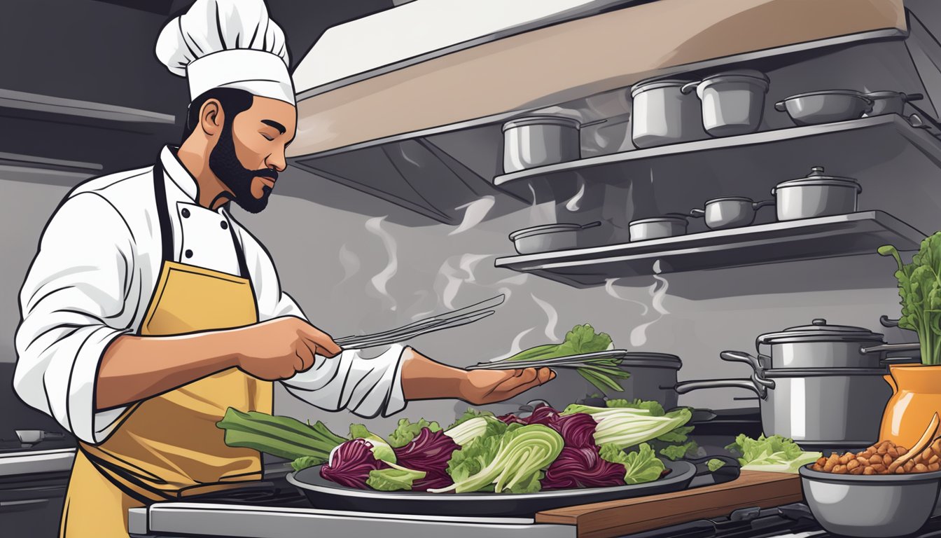 A chef swapping out radicchio for endive in a sizzling stir-fry