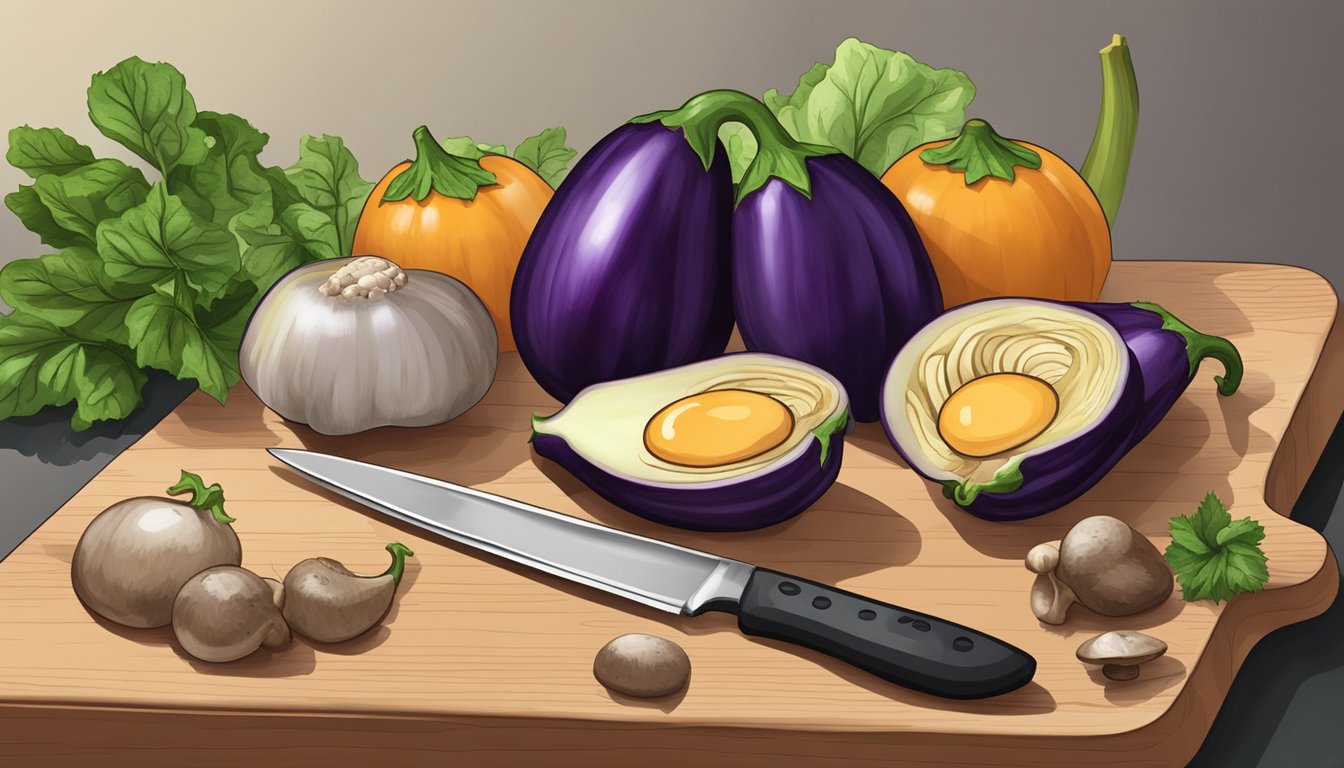 A colorful array of fresh eggplants and mushrooms on a cutting board, with a knife nearby for slicing and preparing as vegetable alternatives