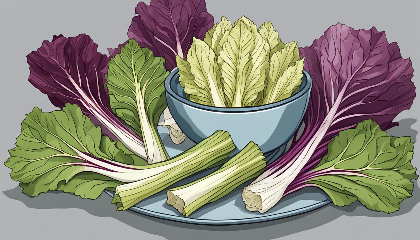 A colorful array of endive leaves arranged in a visually appealing manner, with a bowl of radicchio placed nearby for comparison