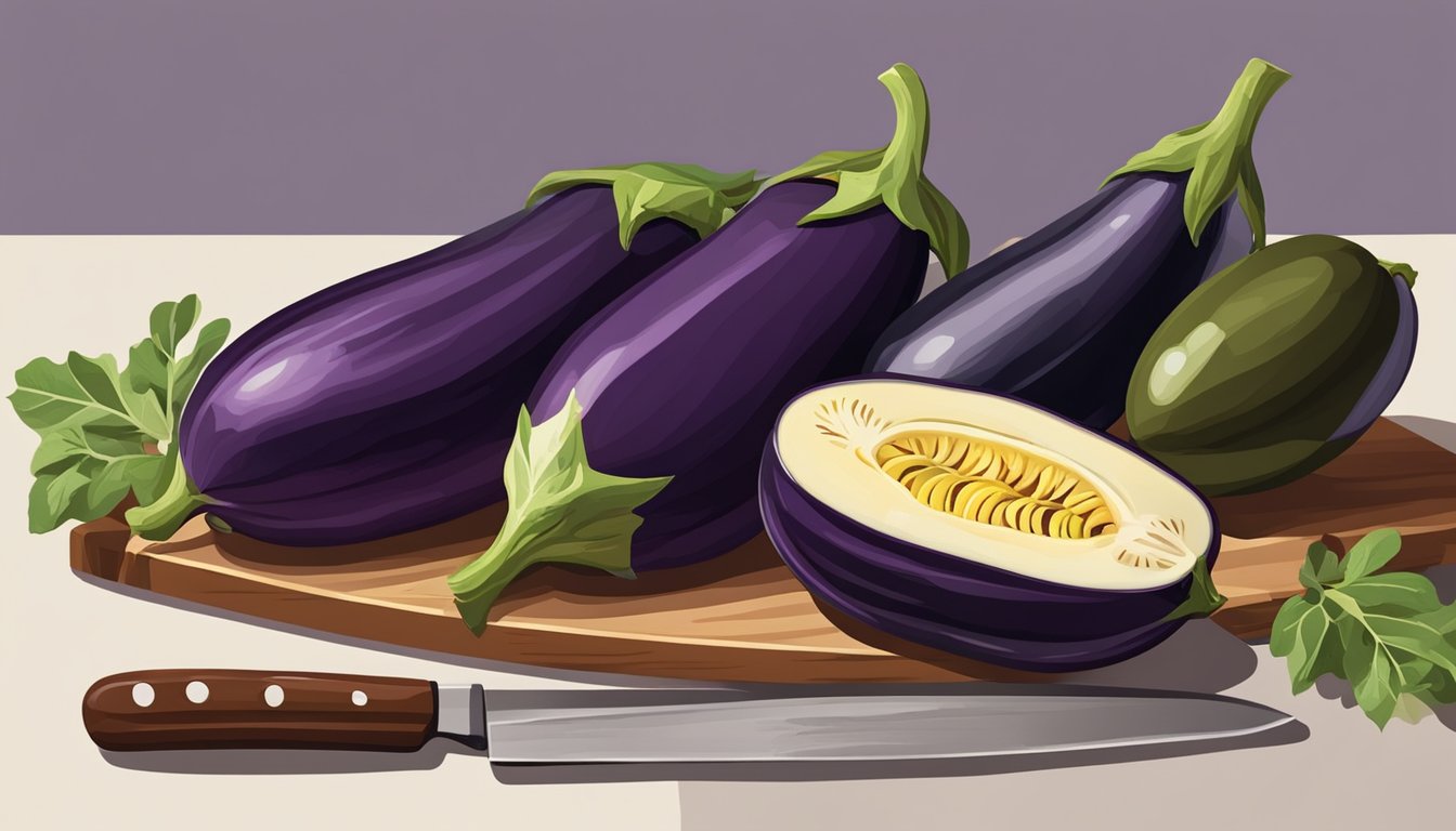 A colorful assortment of fresh eggplants, sliced and arranged on a cutting board, with a knife and a bowl of olive oil nearby