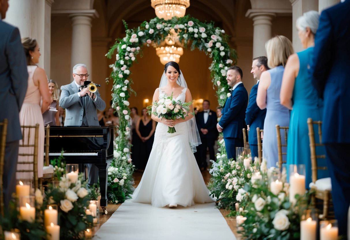 A bride walks down the aisle, surrounded by flowers and candles, as the musician plays a soft, romantic melody on the piano