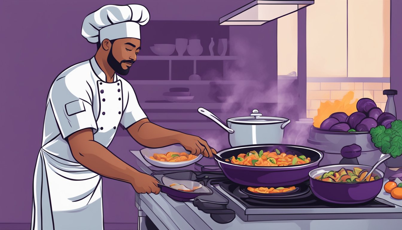 A chef swaps out mushrooms for eggplant in a stir-fry recipe, slicing and sautéing the purple vegetable in a sizzling pan