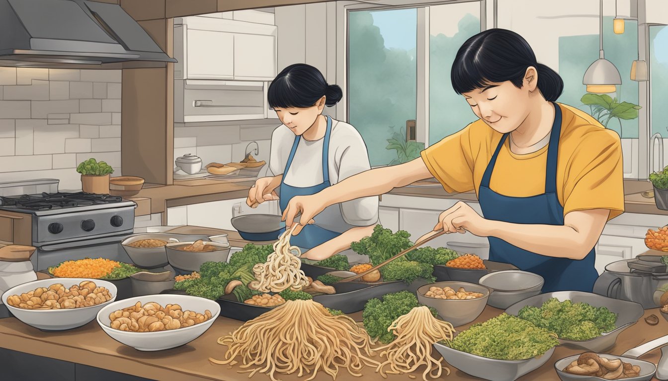 Enoki mushrooms being swapped for shiitake in a stir-fry