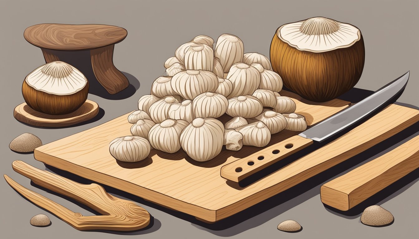 Enoki mushrooms arranged next to shiitake mushrooms, with a chef's knife and cutting board