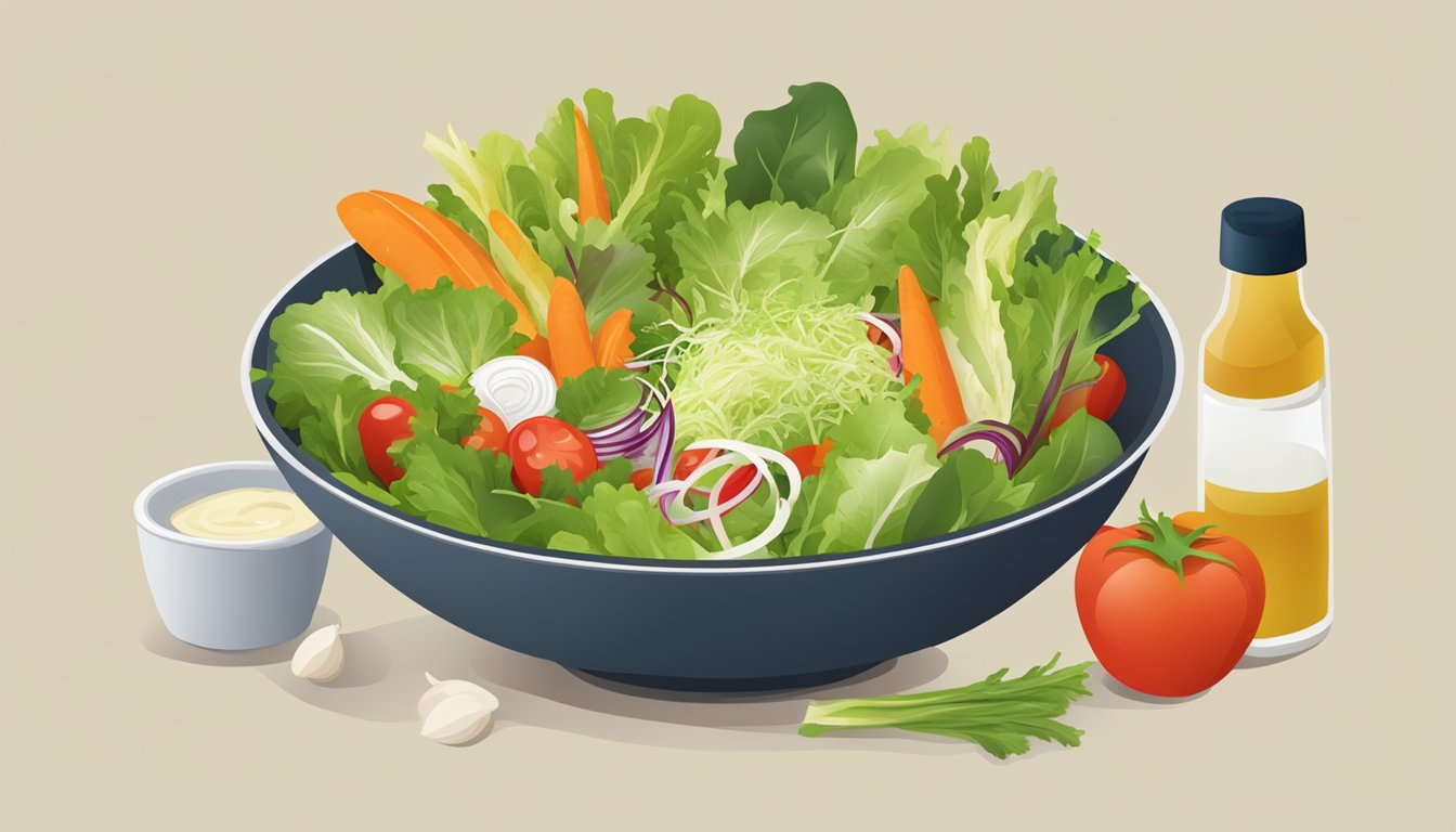 A bowl of salad with endive leaves in place of lettuce, surrounded by various vegetables and a bottle of dressing