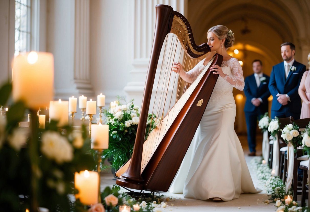 A harpist plucks a serene melody as the bride glides down the flower-strewn aisle, surrounded by the soft glow of candlelight