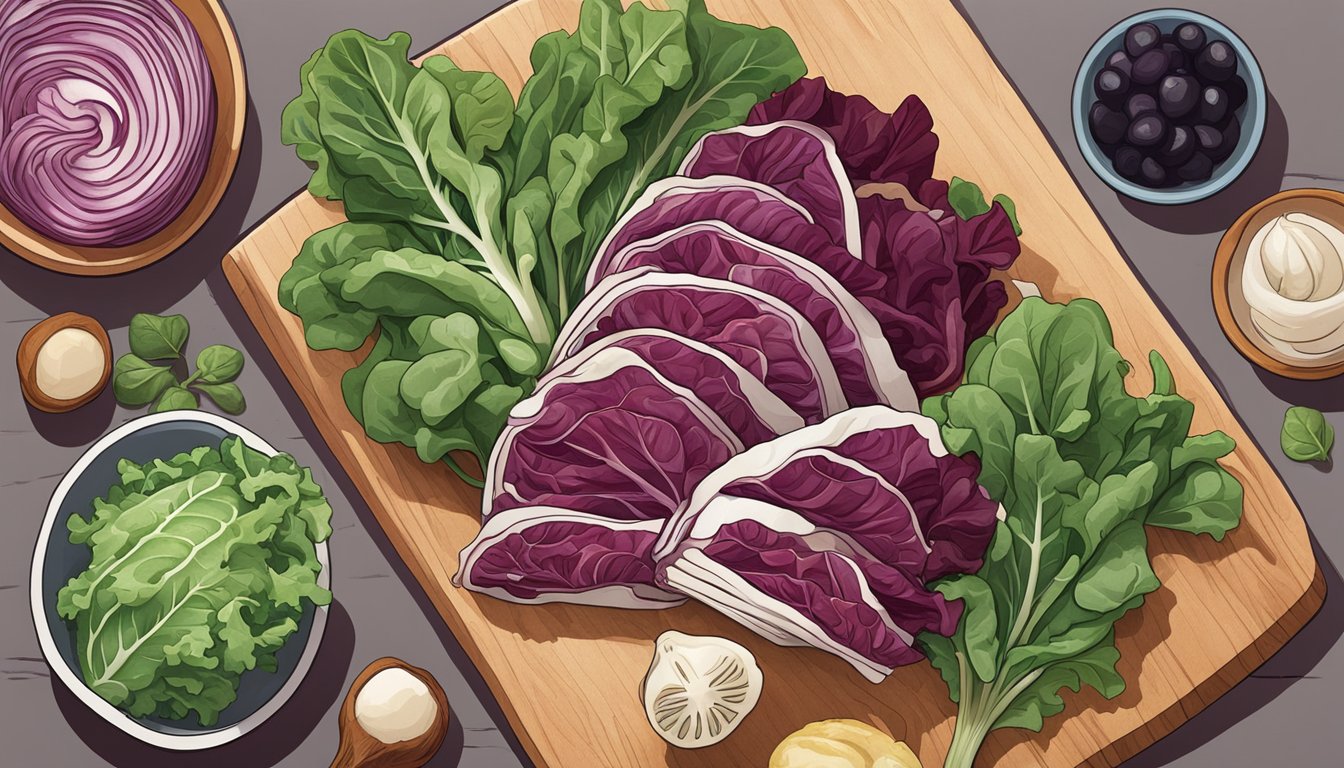 A colorful array of leafy greens arranged on a cutting board, including radicchio, arugula, and spinach, with a bowl of mixed salad ingredients nearby