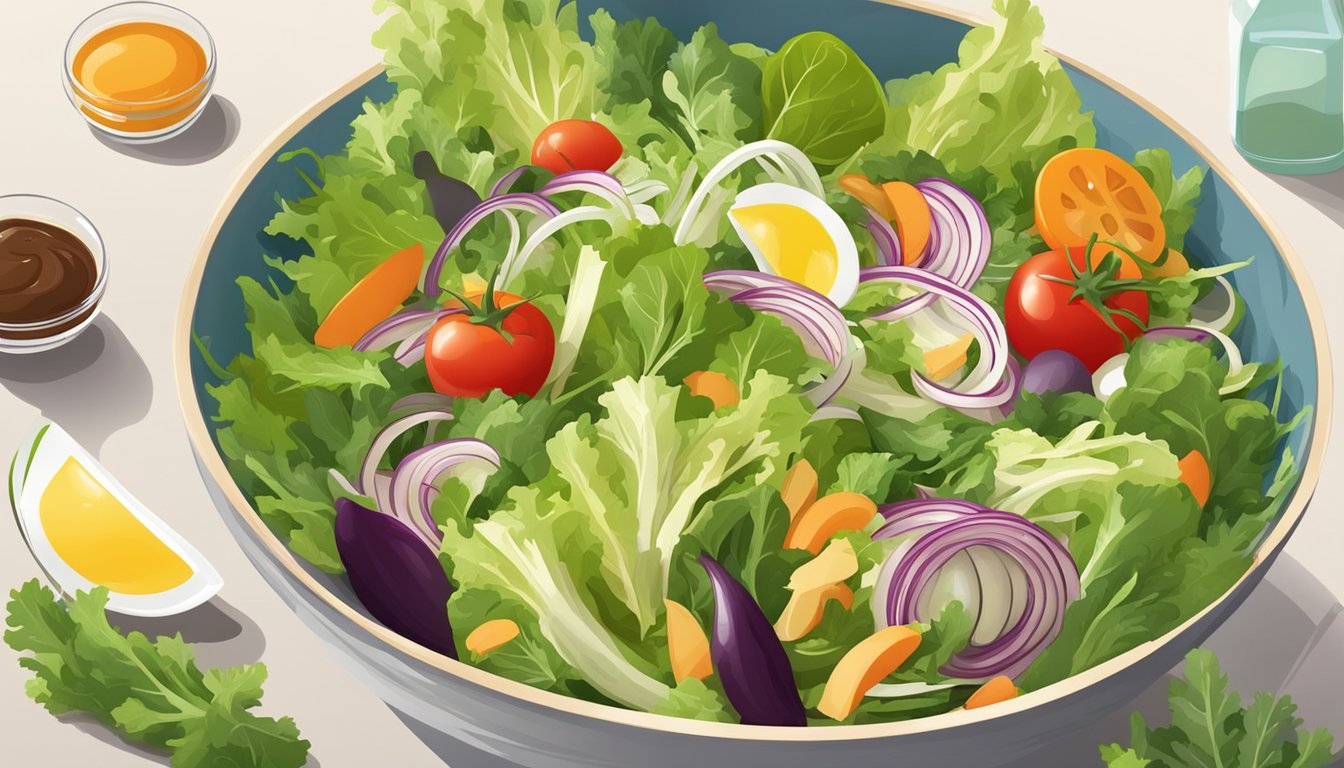 A bowl of salad with endive leaves replacing lettuce, surrounded by various vegetables and a bottle of dressing