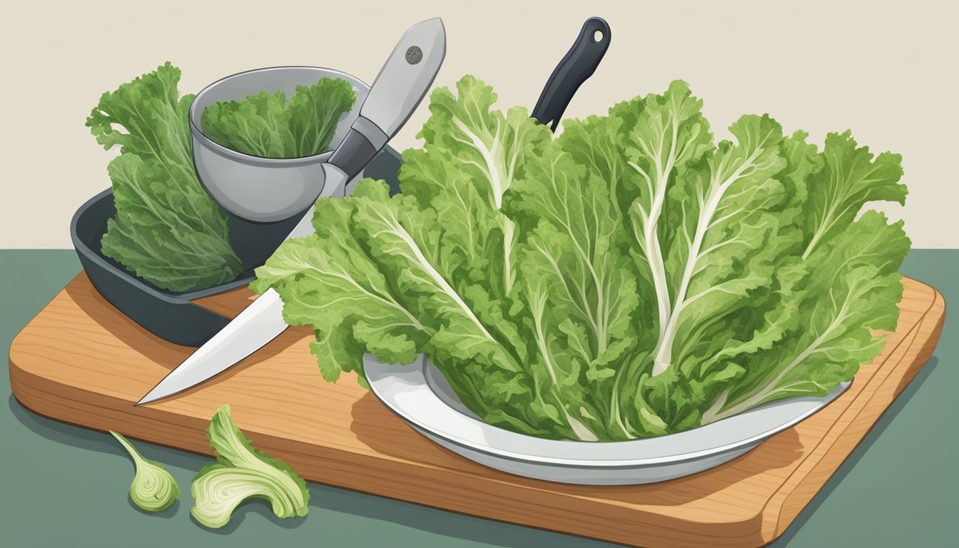 A bowl of escarole leaves arranged next to a bunch of curly endive, with a chef's knife and cutting board in the background