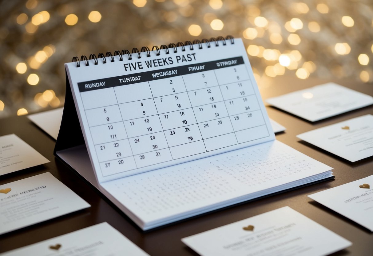 An open calendar with a date five weeks in the past, surrounded by unmailed wedding invitations