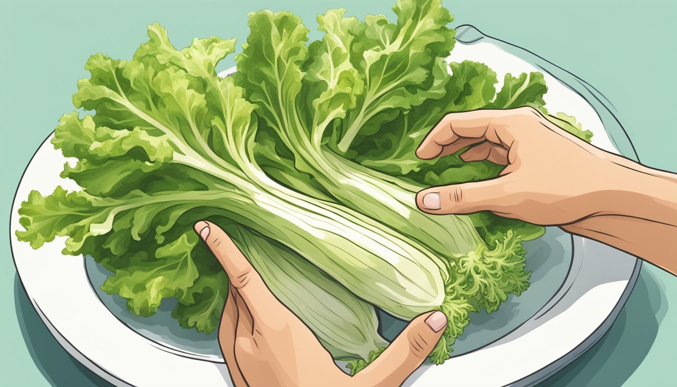 A hand reaching for endive instead of lettuce in a salad bowl