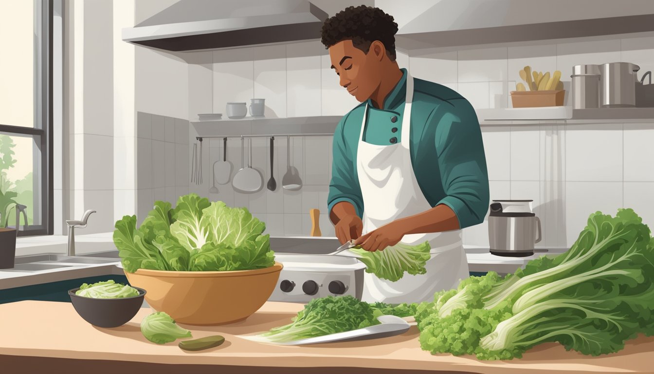 A chef swapping out escarole for curly endive in a recipe, with a bowl of greens and a measuring spoon on a kitchen counter